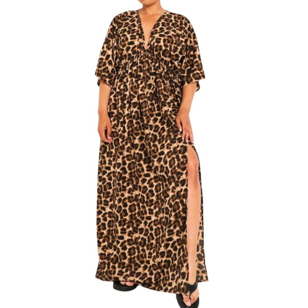 BOOHOO Leopard Print BATWING MAXI DRESS Black/Brown V-NECK SIDE SLIT sz US-18
